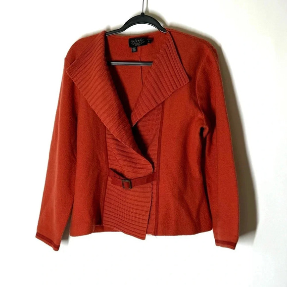 Icelandic Design Burnt Orange Open Front Wool Sweater Jacket Size Large - Picture 1 of 7